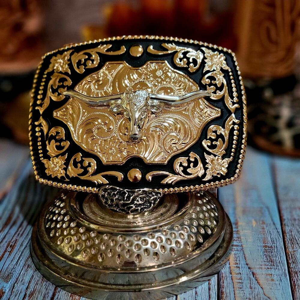 Longhorn Western Belt Buckle Cowboy Rodeo Buckle Rosetone With Black Accents